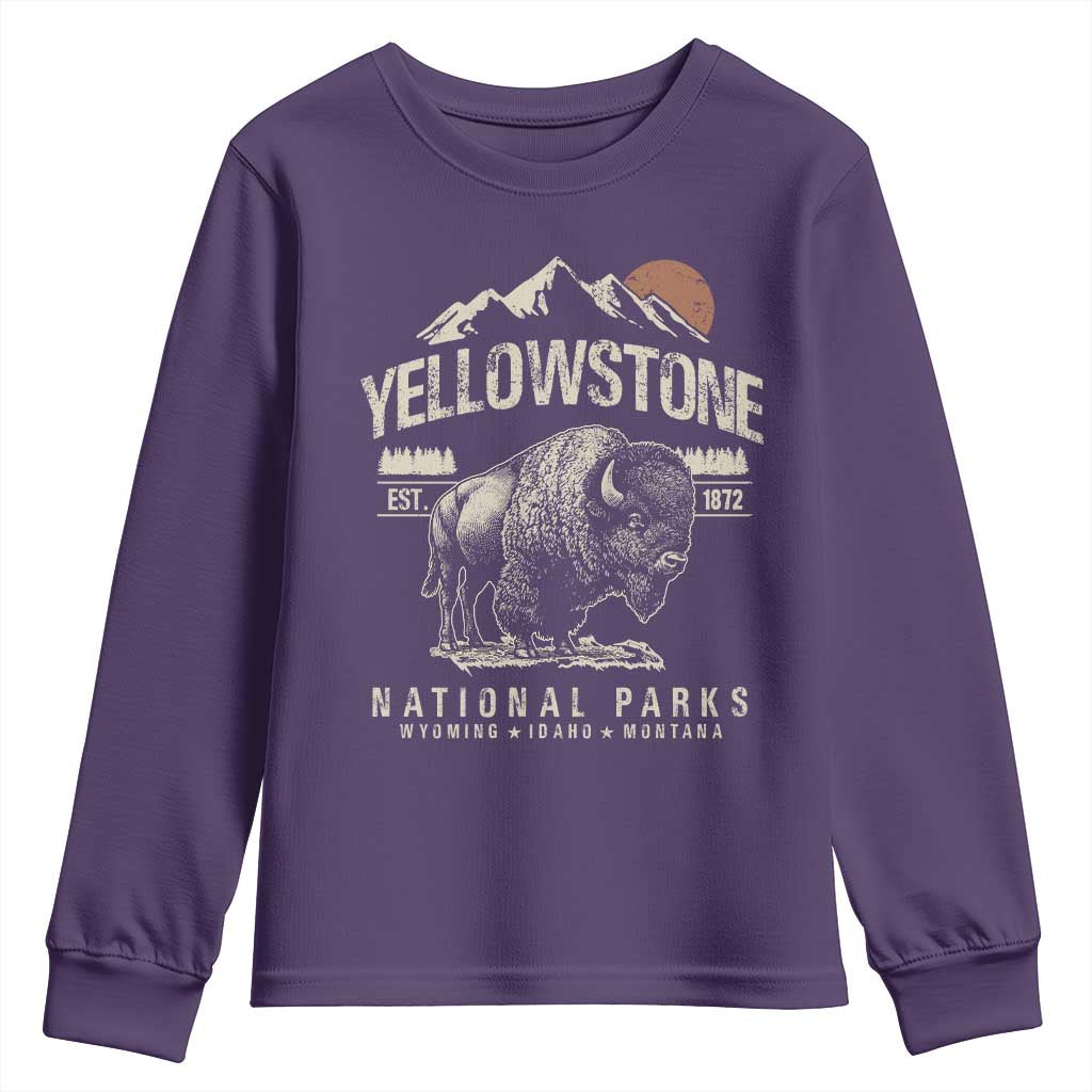 Vintage Yellowstone National Park Youth Sweatshirt Retro Bison Nature Wildlife Forest - Wonder Print Shop