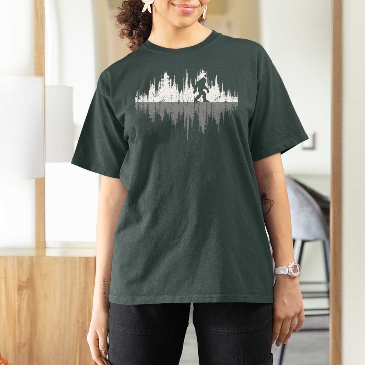 Bigfoot In The Forest T Shirt For Women Sasquatch Trees Reflection Wildlife Nature Outdoor Wild Retro - Wonder Print Shop
