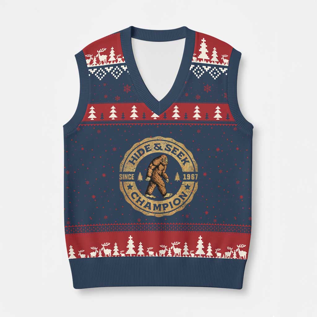Retro Bigfoot Believer V-Neck Knit Sweater Vest Undefeated Sasquatch Hide And Seek Cryptozoology - Wonder Print Shop
