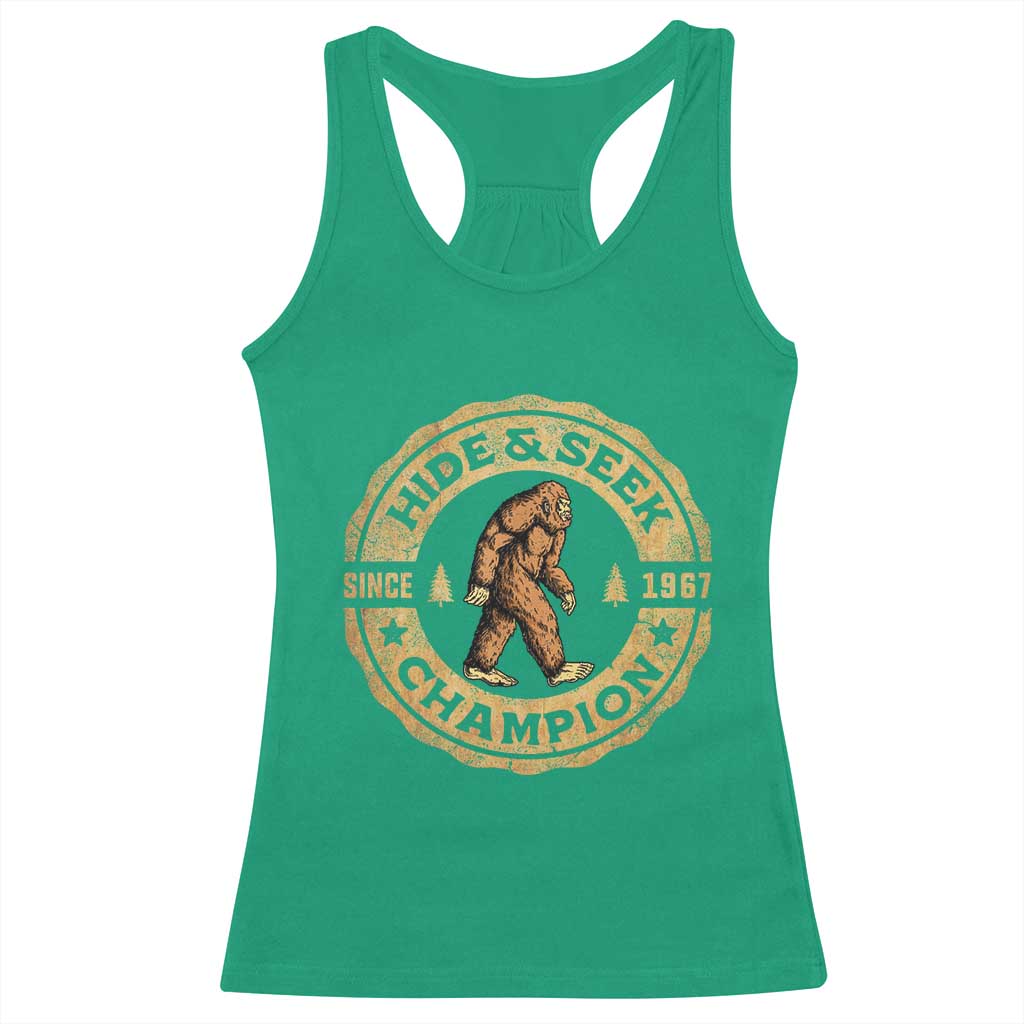 Retro Bigfoot Believer Racerback Tank Top Undefeated Sasquatch Hide And Seek Cryptozoology - Wonder Print Shop