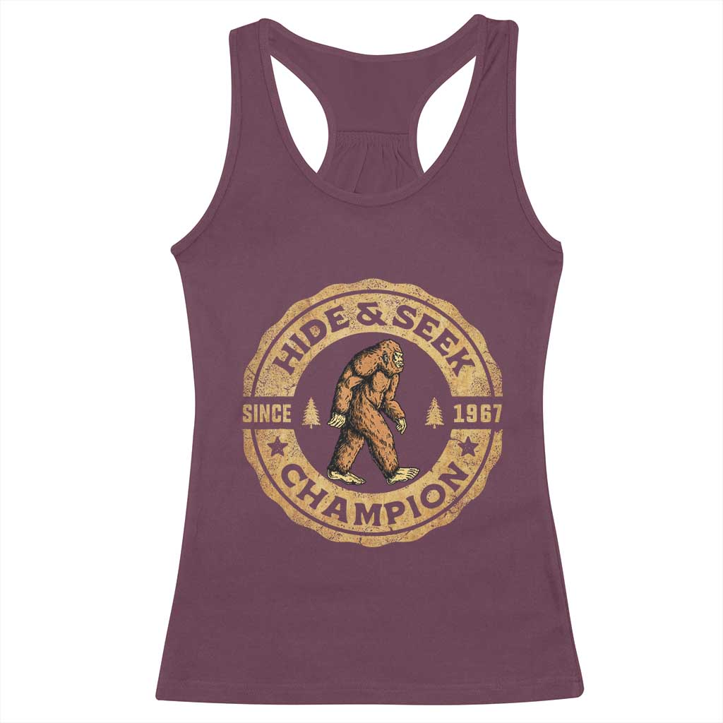 Retro Bigfoot Believer Racerback Tank Top Undefeated Sasquatch Hide And Seek Cryptozoology - Wonder Print Shop