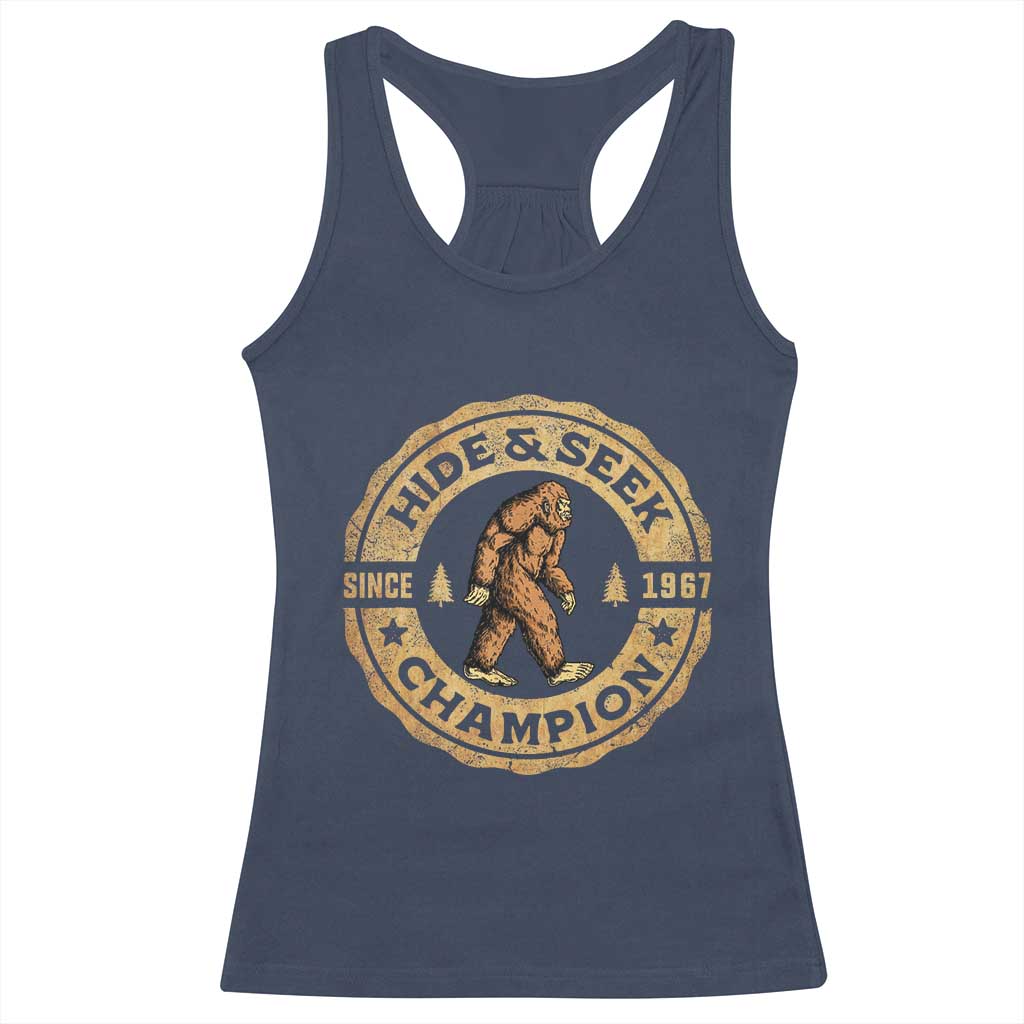 Retro Bigfoot Believer Racerback Tank Top Undefeated Sasquatch Hide And Seek Cryptozoology - Wonder Print Shop
