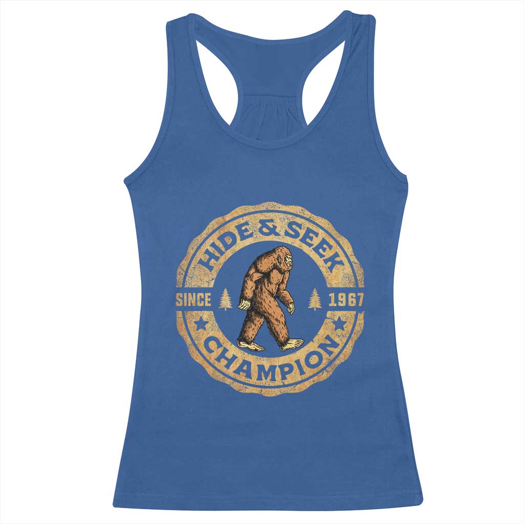 Retro Bigfoot Believer Racerback Tank Top Undefeated Sasquatch Hide And Seek Cryptozoology - Wonder Print Shop