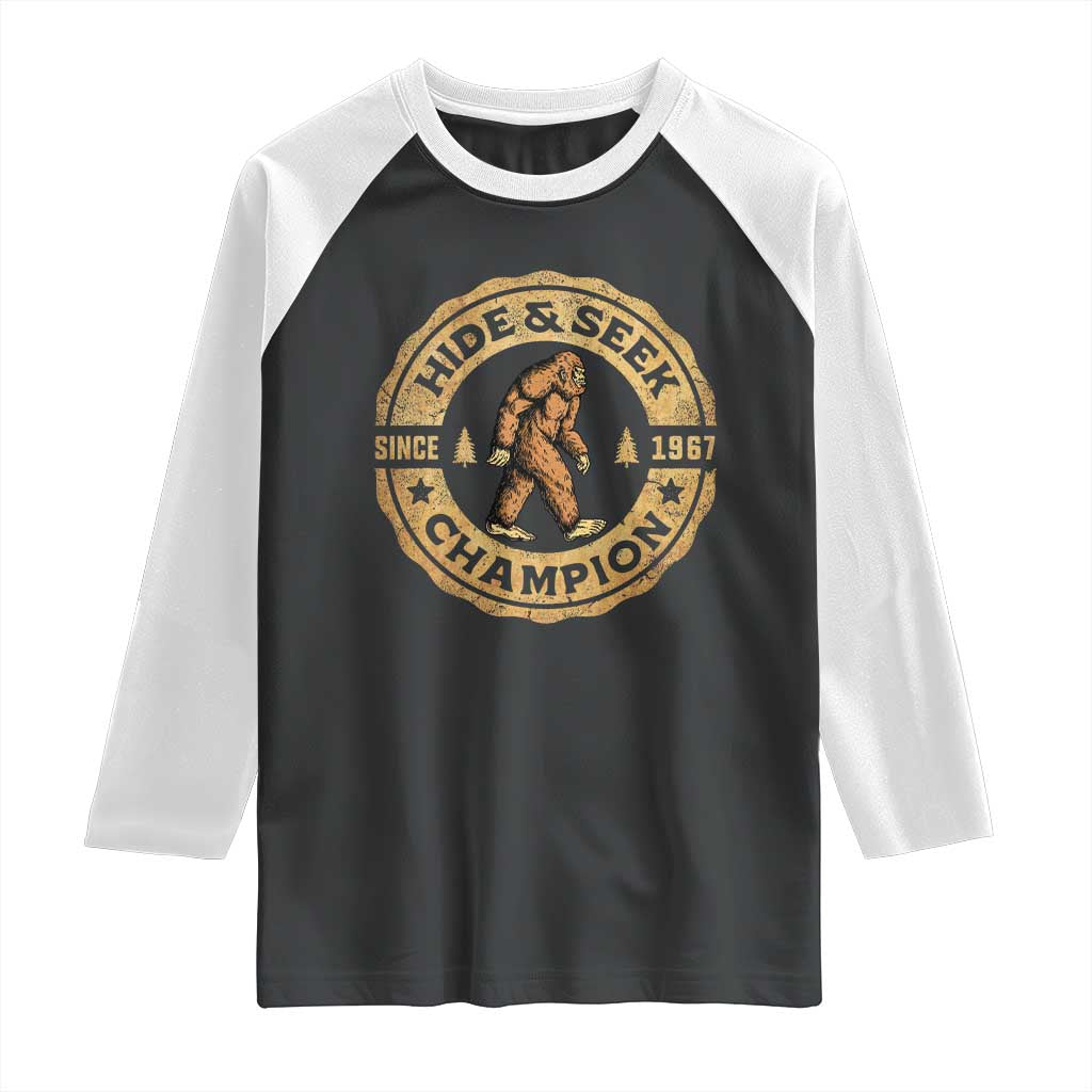 Retro Bigfoot Believer Raglan Shirt Undefeated Sasquatch Hide And Seek Cryptozoology - Wonder Print Shop