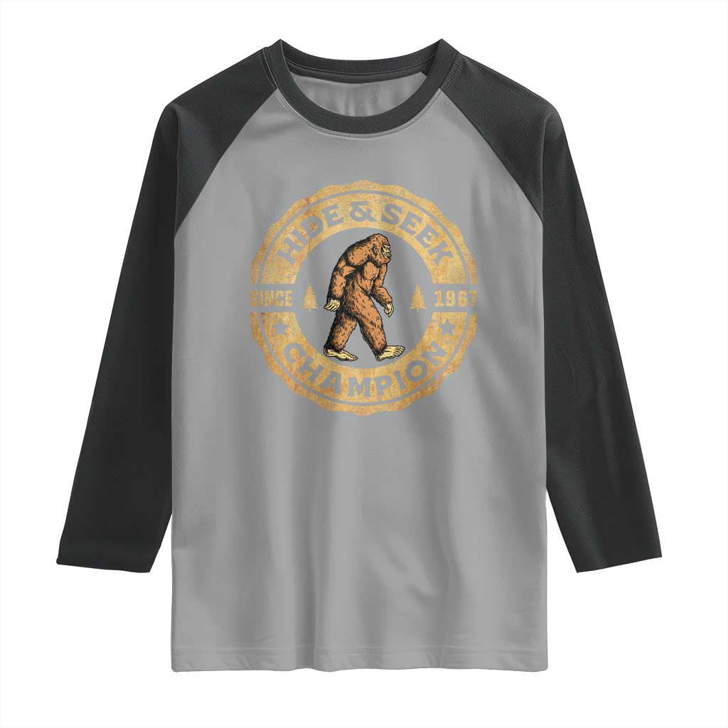 Retro Bigfoot Believer Raglan Shirt Undefeated Sasquatch Hide And Seek Cryptozoology - Wonder Print Shop
