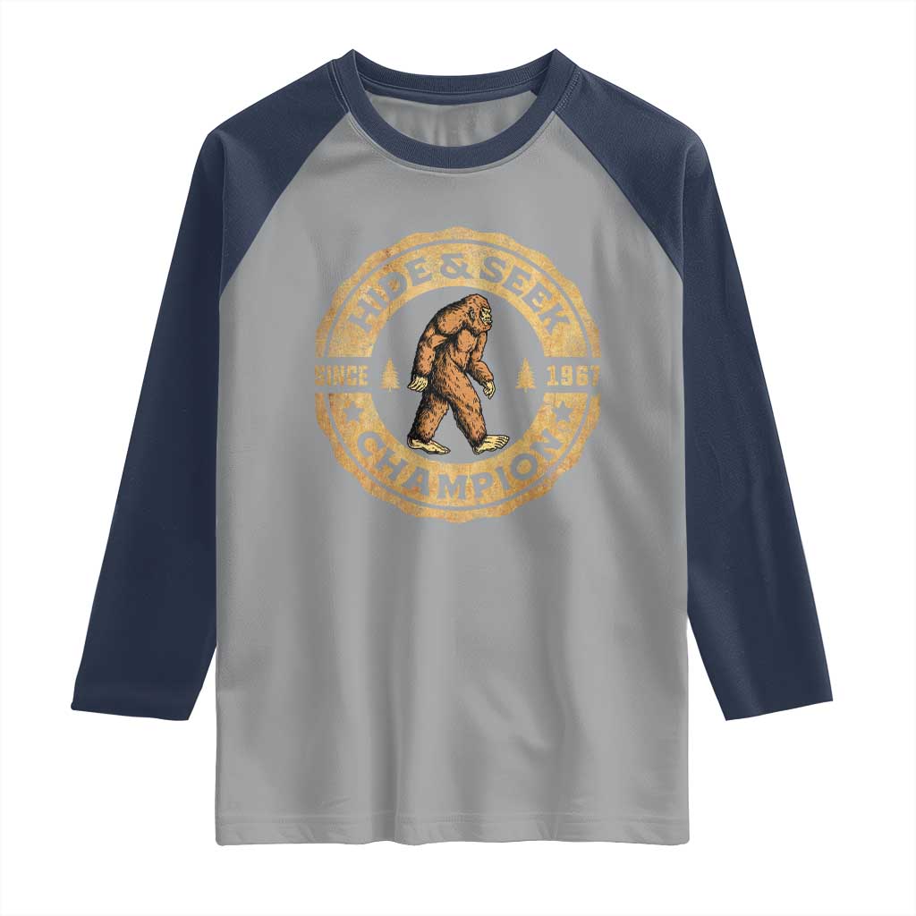 Retro Bigfoot Believer Raglan Shirt Undefeated Sasquatch Hide And Seek Cryptozoology - Wonder Print Shop