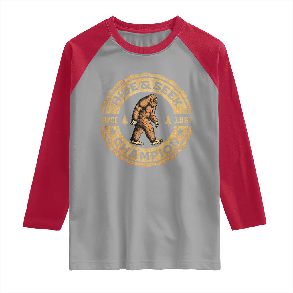Retro Bigfoot Believer Raglan Shirt Undefeated Sasquatch Hide And Seek Cryptozoology - Wonder Print Shop
