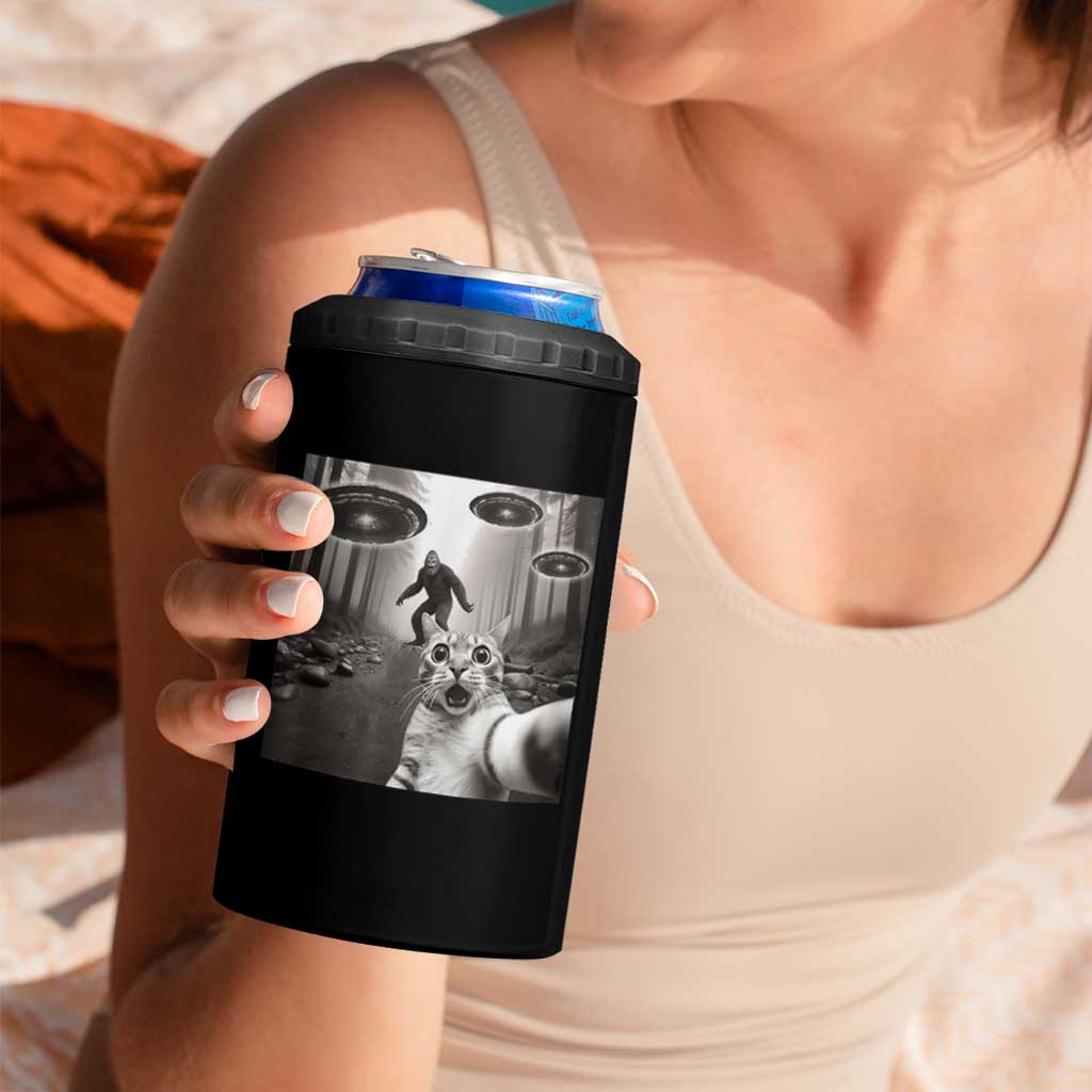 Cat Selfie With Bigfoot UFO 4 in 1 Can Cooler Tumbler Funny Cat Lover Gifts - Wonder Print Shop