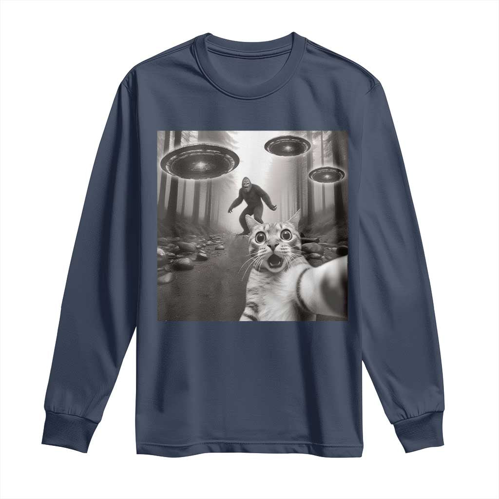 Cat Selfie With Bigfoot UFO Long Sleeve Shirt Funny Cat Lover Gifts - Wonder Print Shop