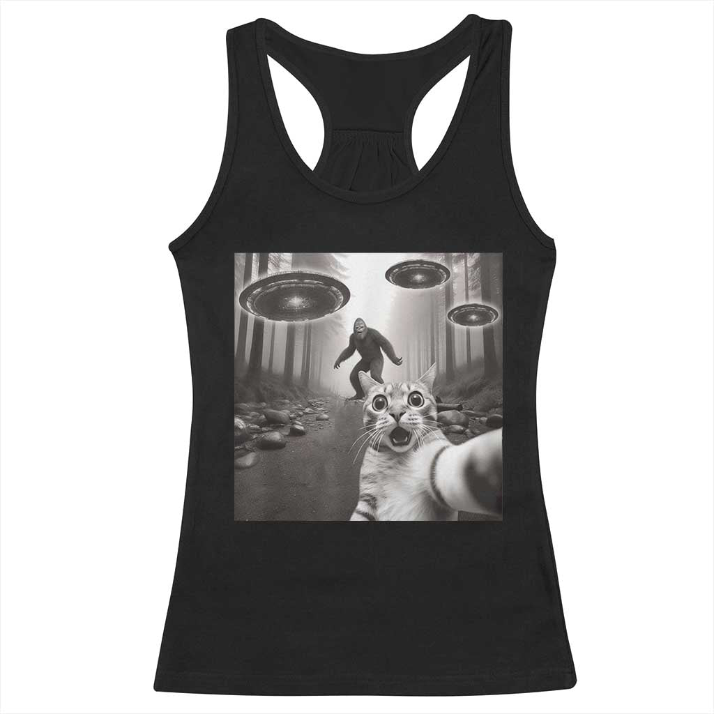 Cat Selfie With Bigfoot UFO Racerback Tank Top Funny Cat Lover Gifts - Wonder Print Shop