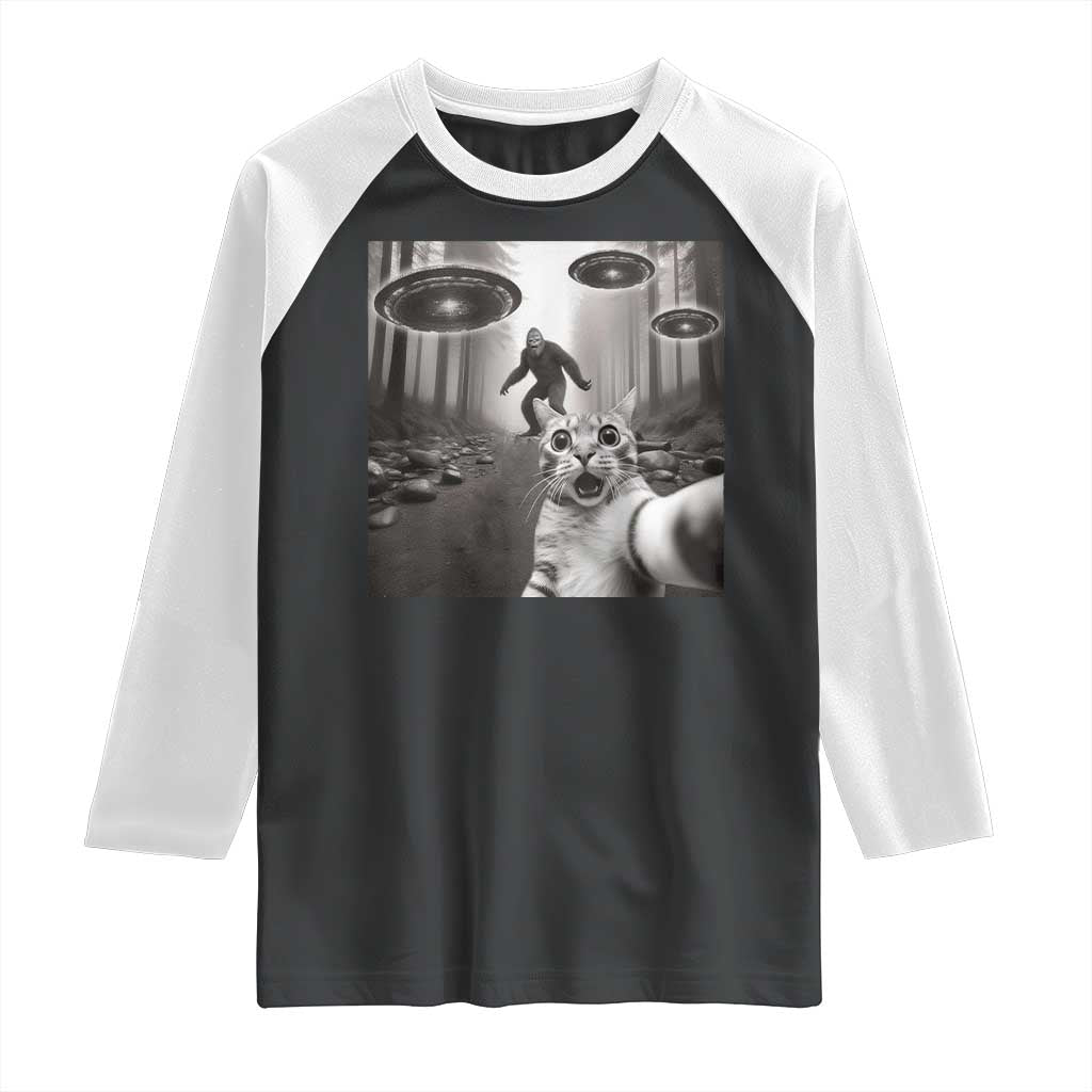 Cat Selfie With Bigfoot UFO Raglan Shirt Funny Cat Lover Gifts - Wonder Print Shop