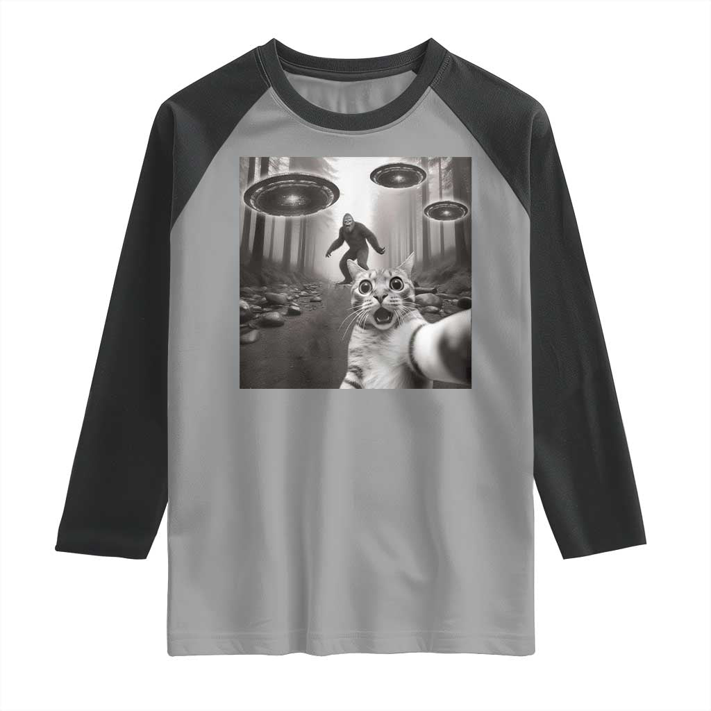 Cat Selfie With Bigfoot UFO Raglan Shirt Funny Cat Lover Gifts - Wonder Print Shop