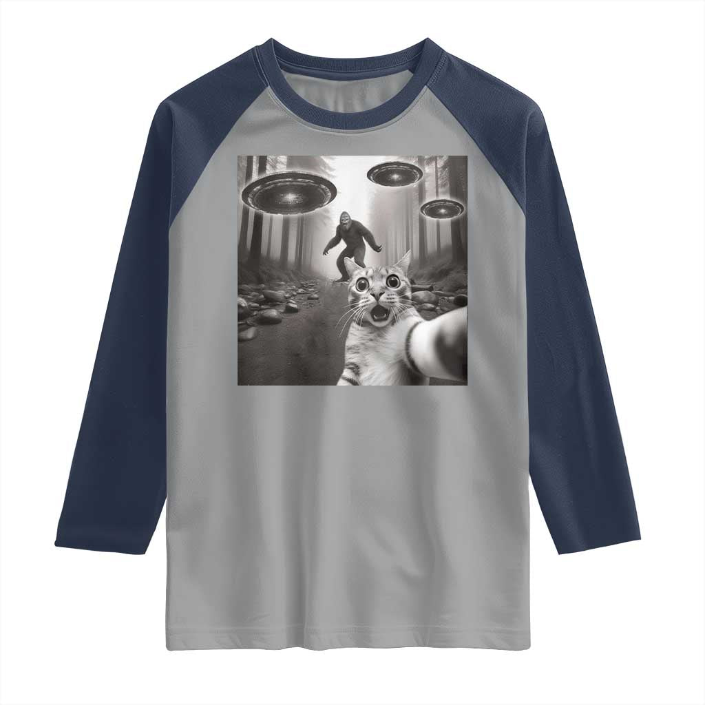 Cat Selfie With Bigfoot UFO Raglan Shirt Funny Cat Lover Gifts - Wonder Print Shop