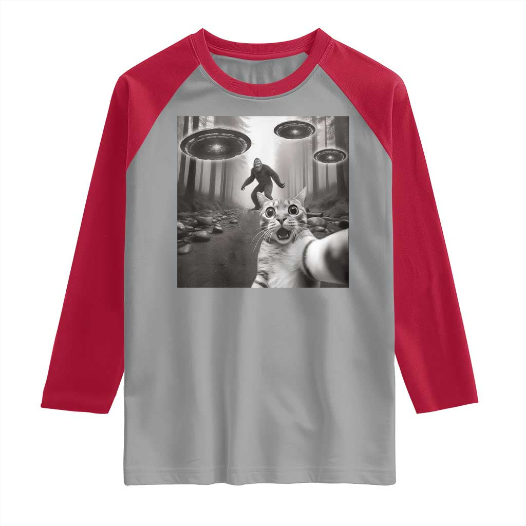 Cat Selfie With Bigfoot UFO Raglan Shirt Funny Cat Lover Gifts - Wonder Print Shop