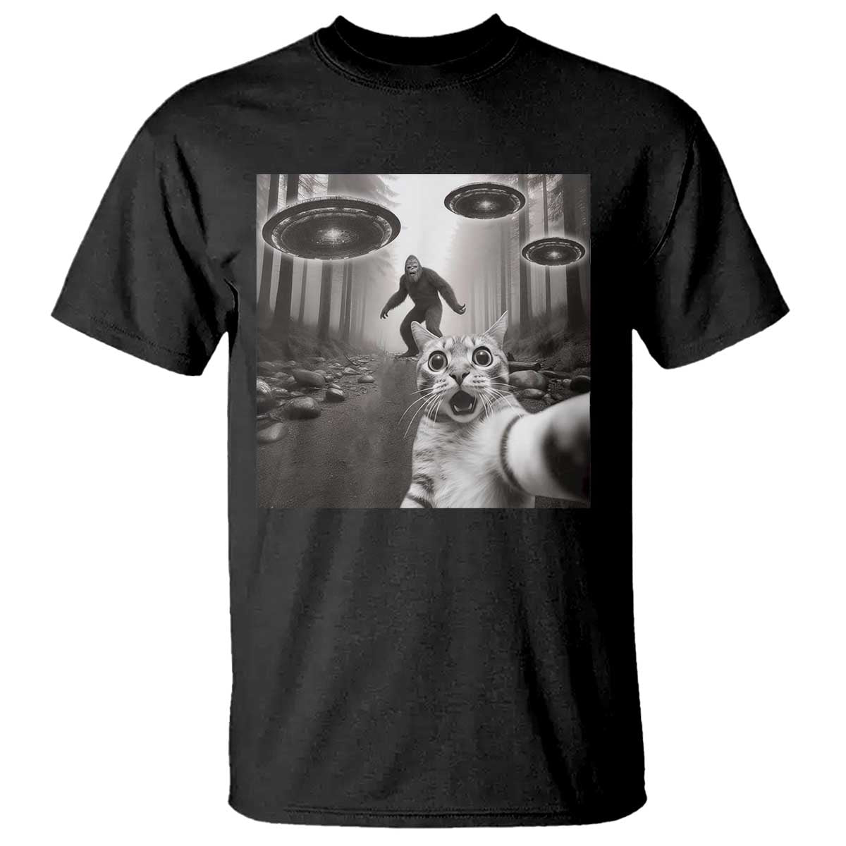 Cat Selfie With Bigfoot UFO T Shirt Funny Cat Lover Gifts - Wonder Print Shop