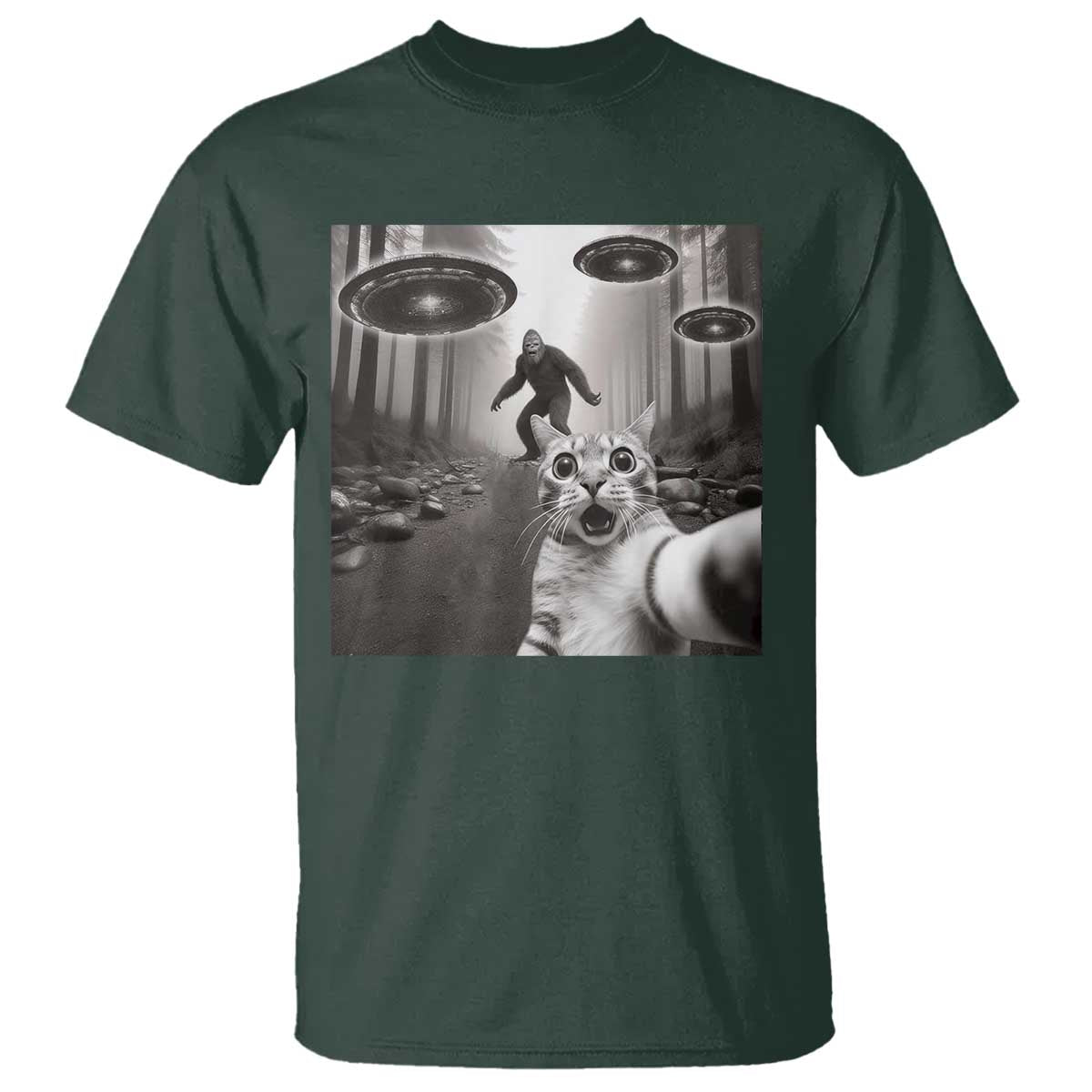 Cat Selfie With Bigfoot UFO T Shirt Funny Cat Lover Gifts - Wonder Print Shop