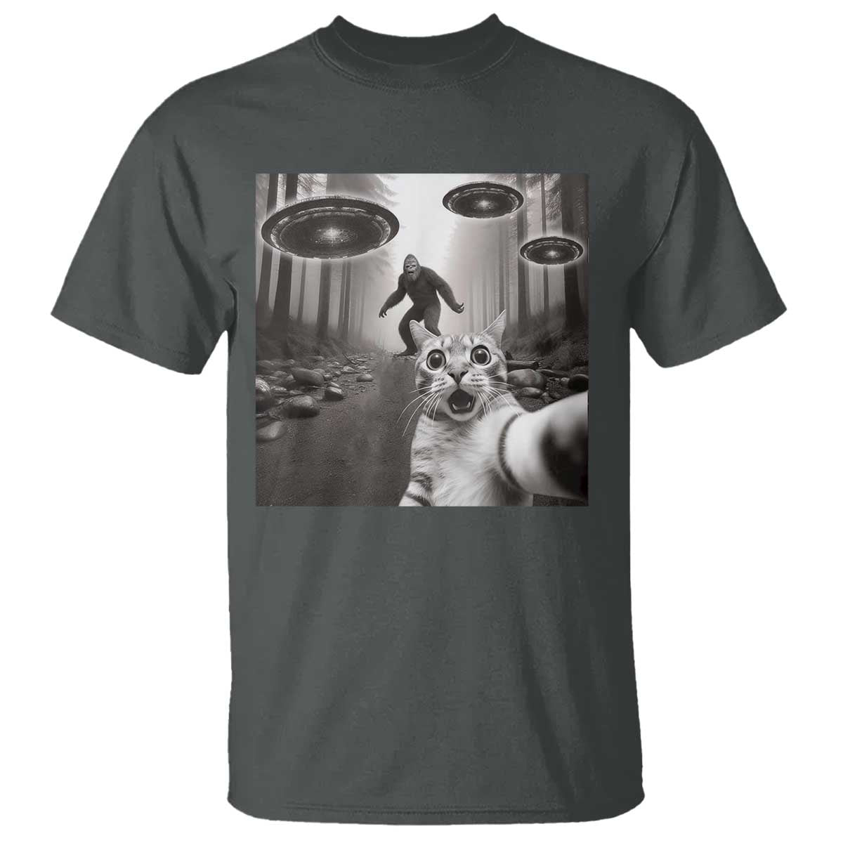 Cat Selfie With Bigfoot UFO T Shirt Funny Cat Lover Gifts - Wonder Print Shop