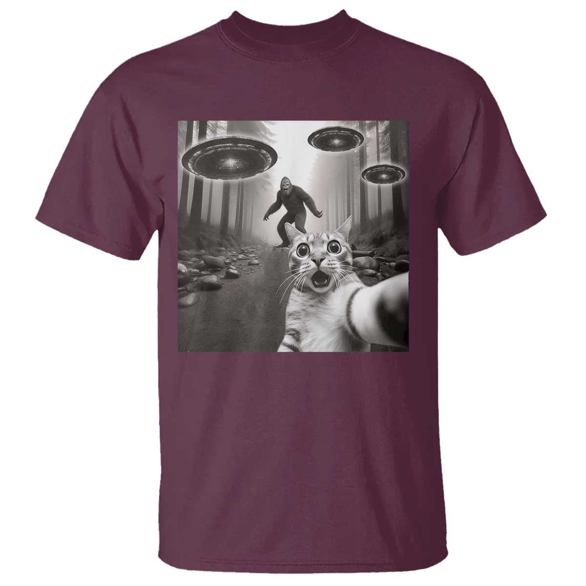 Cat Selfie With Bigfoot UFO T Shirt Funny Cat Lover Gifts - Wonder Print Shop