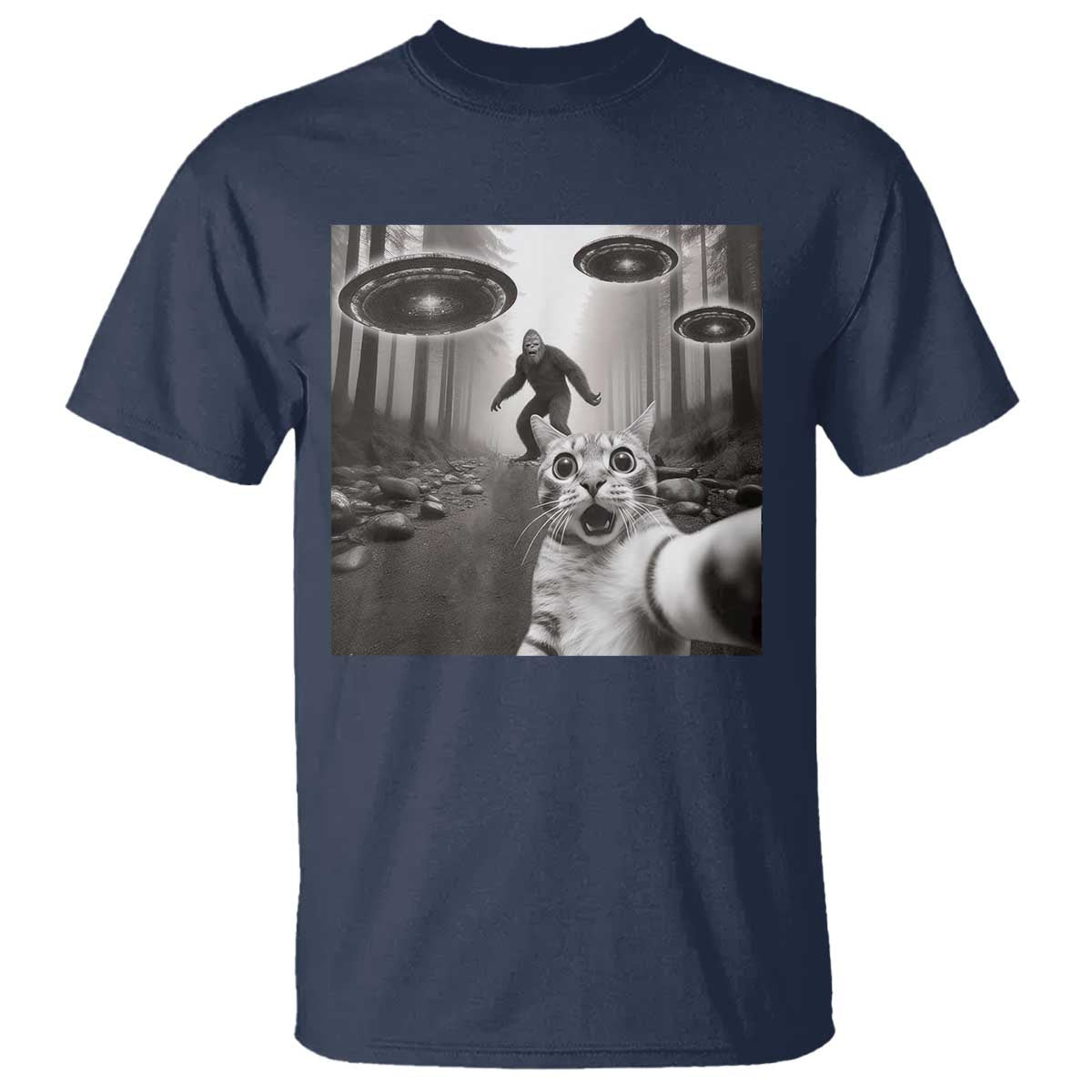 Cat Selfie With Bigfoot UFO T Shirt Funny Cat Lover Gifts - Wonder Print Shop
