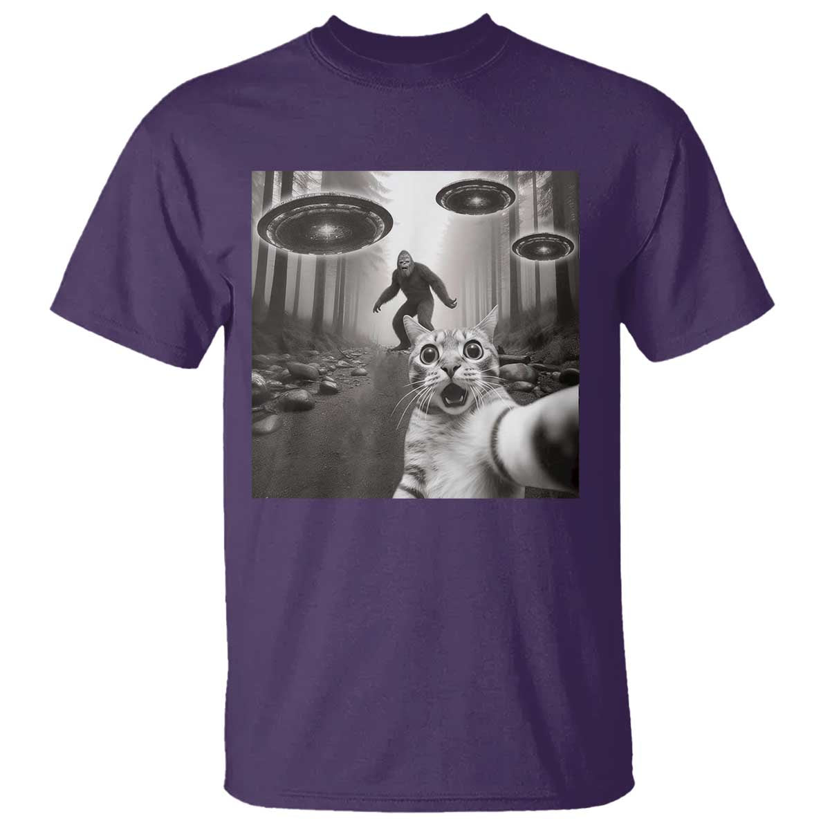 Cat Selfie With Bigfoot UFO T Shirt Funny Cat Lover Gifts - Wonder Print Shop