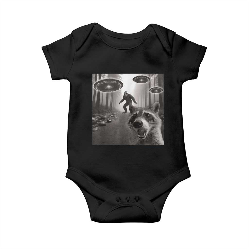 Raccoon Selfie With Bigfoot UFO Baby Onesie Funny Feral Lover Gifts - Wonder Print Shop