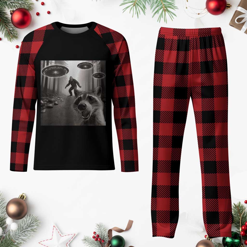 Raccoon Selfie With Bigfoot UFO Plaid Pajama Set Funny Feral Lover Gifts - Wonder Print Shop