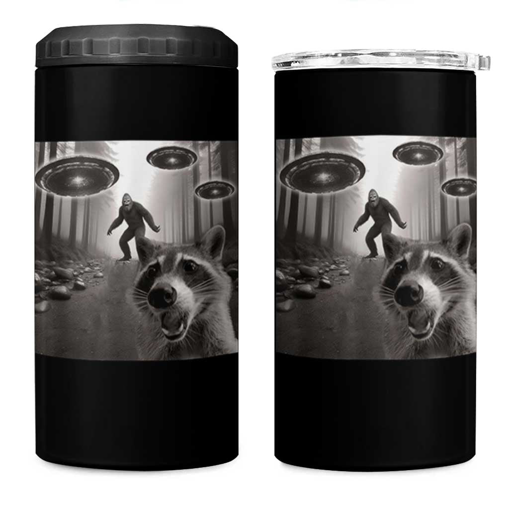 Raccoon Selfie With Bigfoot UFO 4 in 1 Can Cooler Tumbler Funny Feral Lover Gifts - Wonder Print Shop