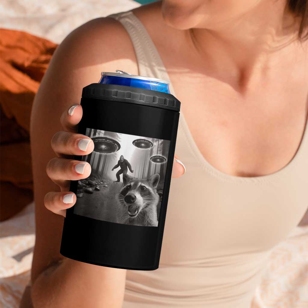 Raccoon Selfie With Bigfoot UFO 4 in 1 Can Cooler Tumbler Funny Feral Lover Gifts - Wonder Print Shop