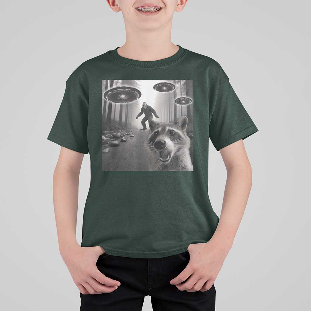 Raccoon Selfie With Bigfoot UFO T Shirt For Kid Funny Feral Lover Gifts - Wonder Print Shop