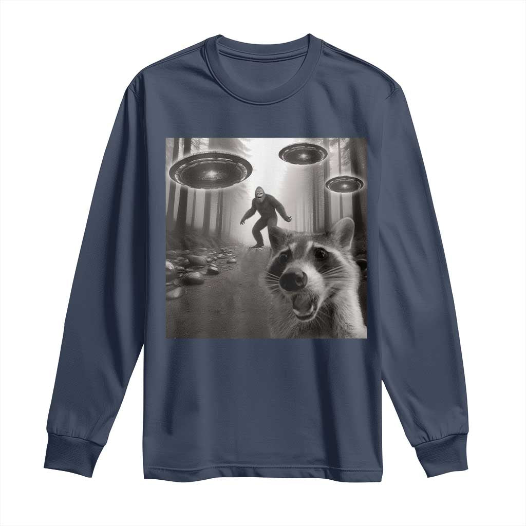 Raccoon Selfie With Bigfoot UFO Long Sleeve Shirt Funny Feral Lover Gifts - Wonder Print Shop