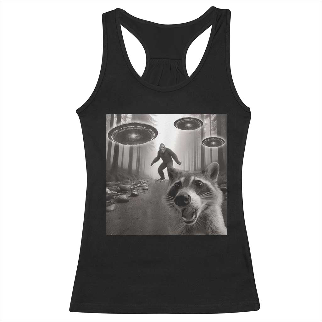 Raccoon Selfie With Bigfoot UFO Racerback Tank Top Funny Feral Lover Gifts - Wonder Print Shop