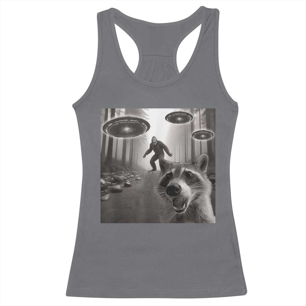 Raccoon Selfie With Bigfoot UFO Racerback Tank Top Funny Feral Lover Gifts - Wonder Print Shop