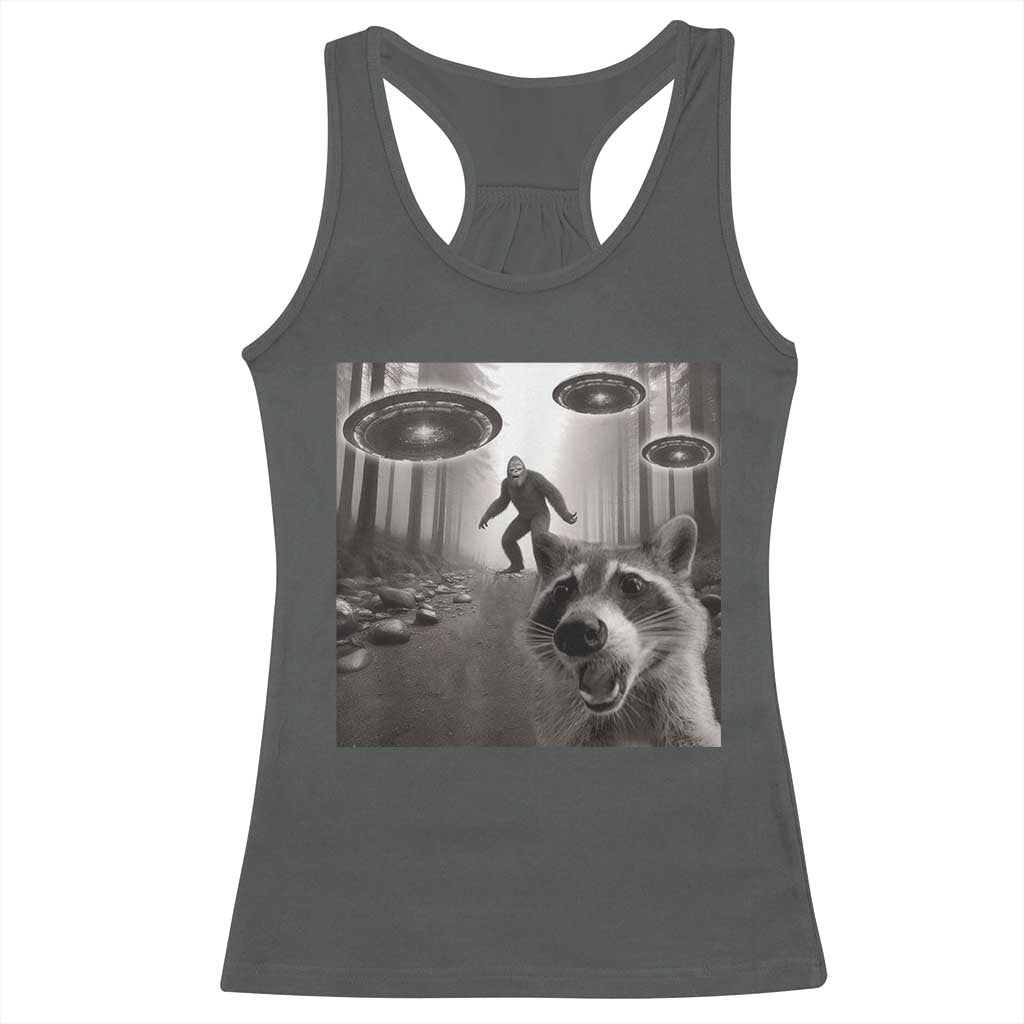 Raccoon Selfie With Bigfoot UFO Racerback Tank Top Funny Feral Lover Gifts - Wonder Print Shop