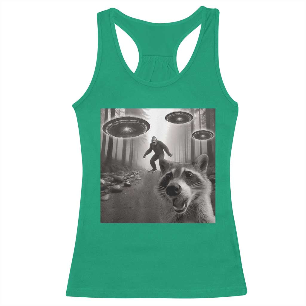 Raccoon Selfie With Bigfoot UFO Racerback Tank Top Funny Feral Lover Gifts - Wonder Print Shop