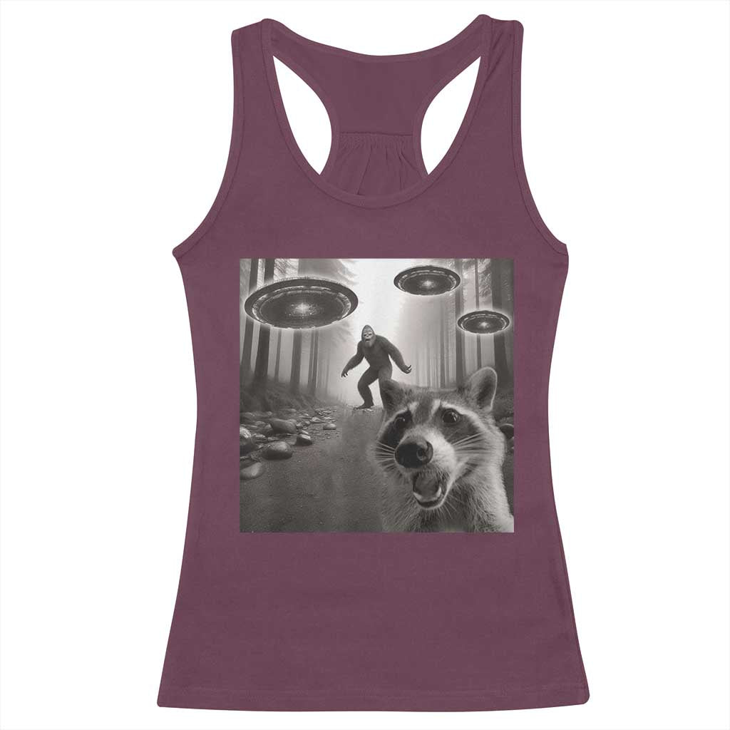 Raccoon Selfie With Bigfoot UFO Racerback Tank Top Funny Feral Lover Gifts - Wonder Print Shop