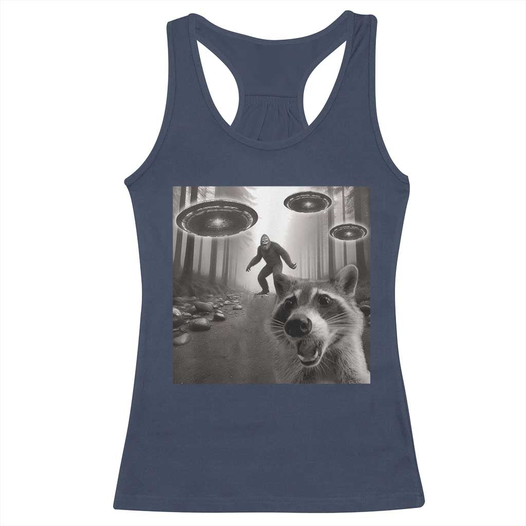 Raccoon Selfie With Bigfoot UFO Racerback Tank Top Funny Feral Lover Gifts - Wonder Print Shop