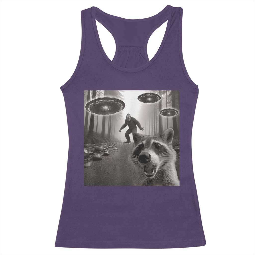 Raccoon Selfie With Bigfoot UFO Racerback Tank Top Funny Feral Lover Gifts - Wonder Print Shop