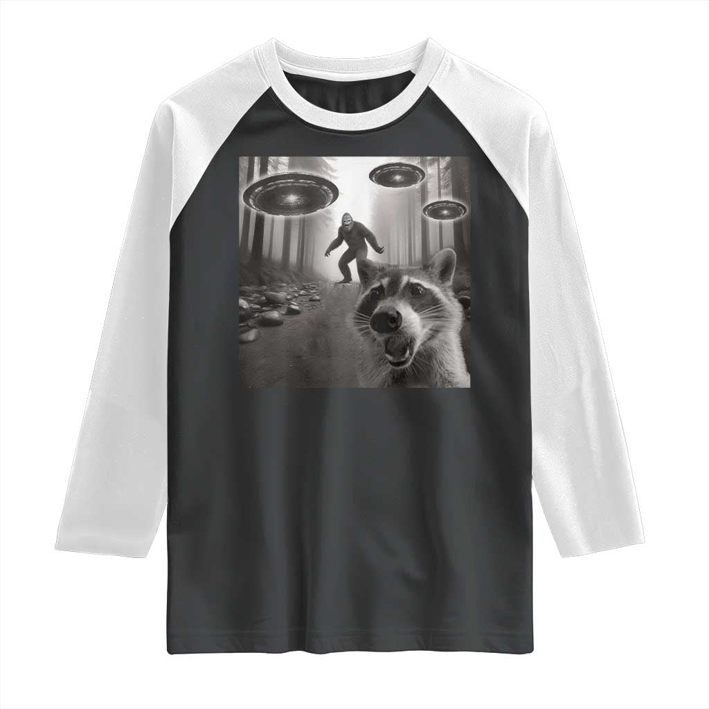 Raccoon Selfie With Bigfoot UFO Raglan Shirt Funny Feral Lover Gifts - Wonder Print Shop