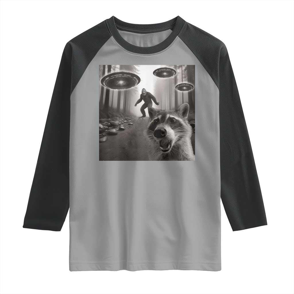 Raccoon Selfie With Bigfoot UFO Raglan Shirt Funny Feral Lover Gifts - Wonder Print Shop