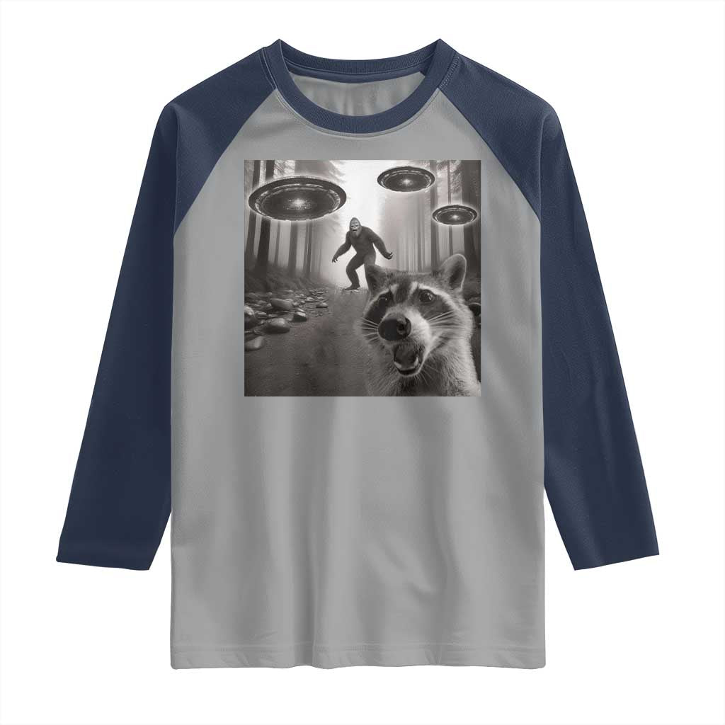 Raccoon Selfie With Bigfoot UFO Raglan Shirt Funny Feral Lover Gifts - Wonder Print Shop