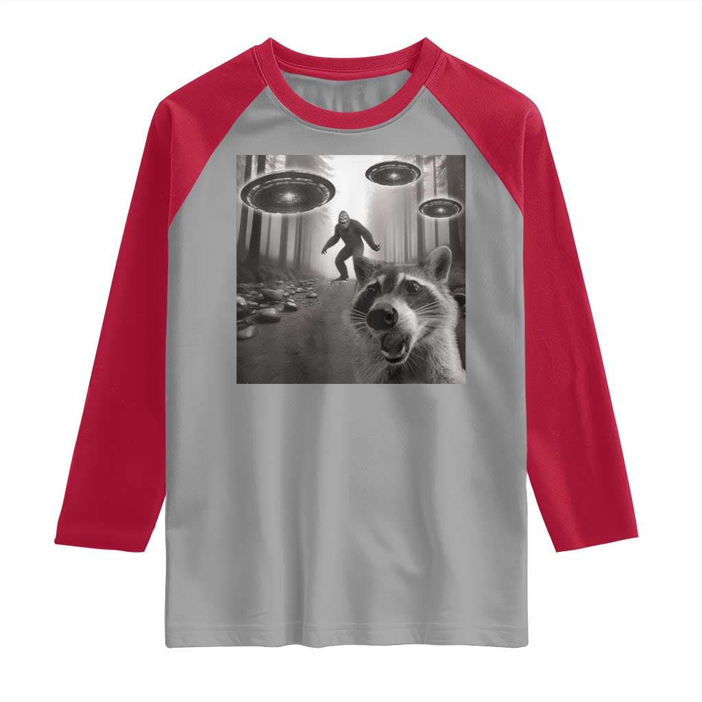 Raccoon Selfie With Bigfoot UFO Raglan Shirt Funny Feral Lover Gifts - Wonder Print Shop
