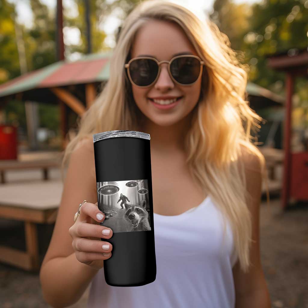 Raccoon Selfie With Bigfoot UFO Skinny Tumbler Funny Feral Lover Gifts - Wonder Print Shop