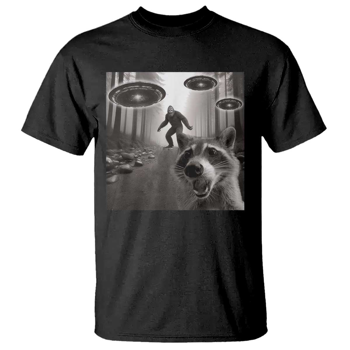 Raccoon Selfie With Bigfoot UFO T Shirt Funny Feral Lover Gifts - Wonder Print Shop