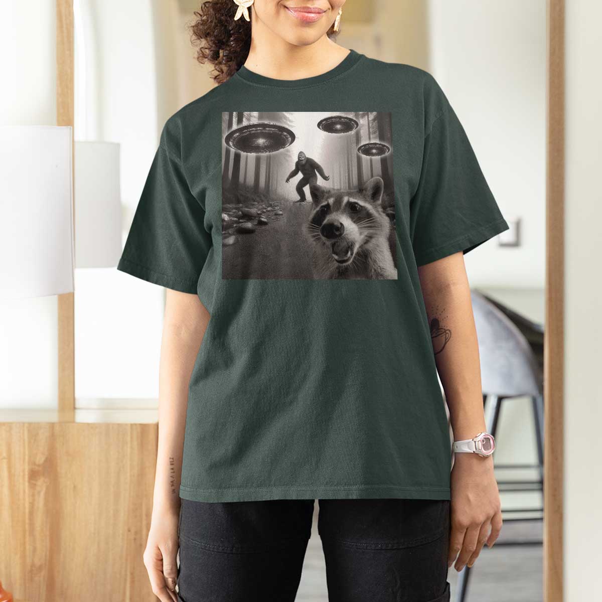 Raccoon Selfie With Bigfoot UFO T Shirt For Women Funny Feral Lover Gifts - Wonder Print Shop
