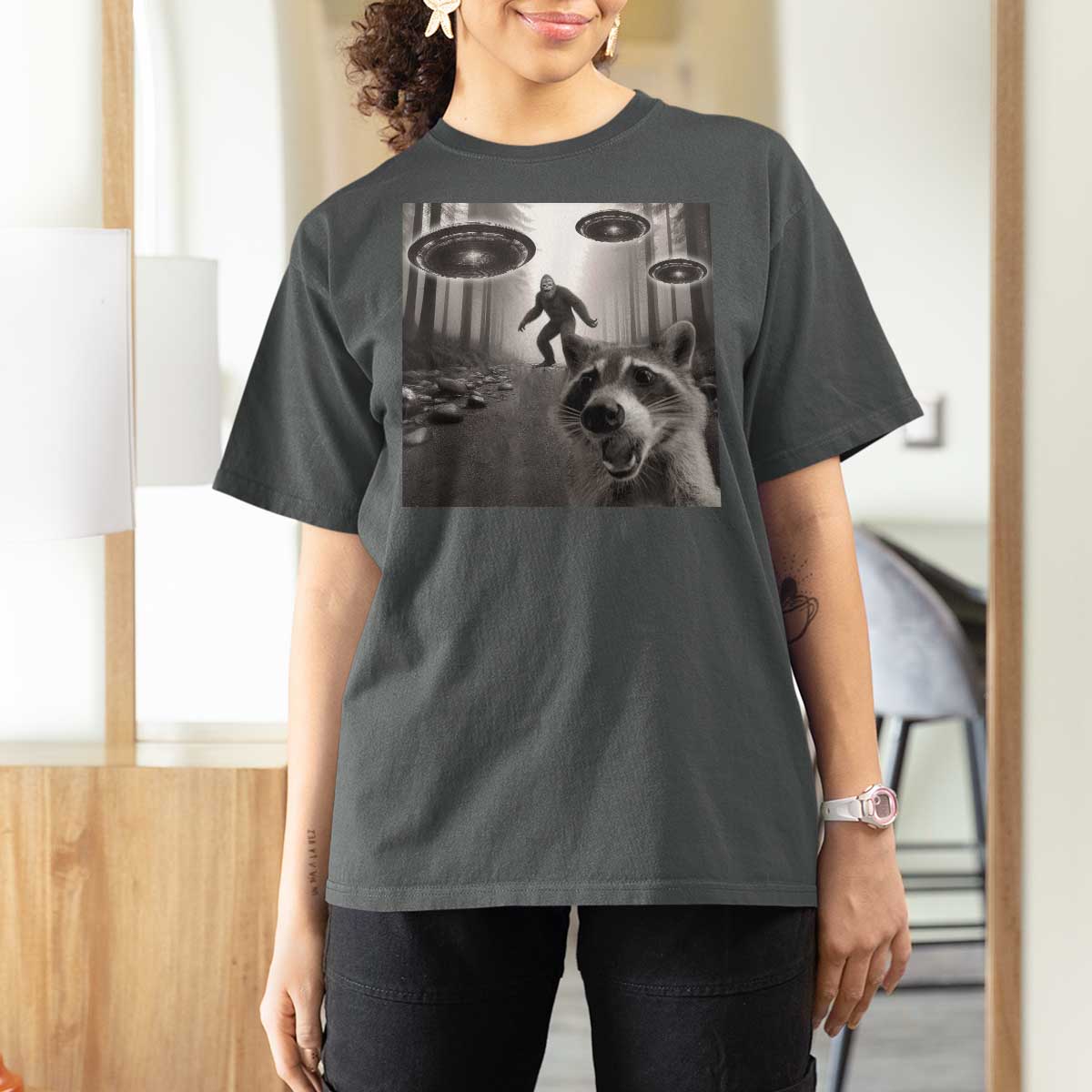 Raccoon Selfie With Bigfoot UFO T Shirt For Women Funny Feral Lover Gifts - Wonder Print Shop