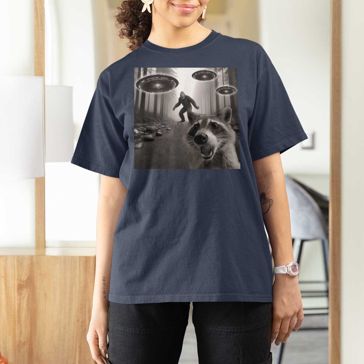 Raccoon Selfie With Bigfoot UFO T Shirt For Women Funny Feral Lover Gifts - Wonder Print Shop