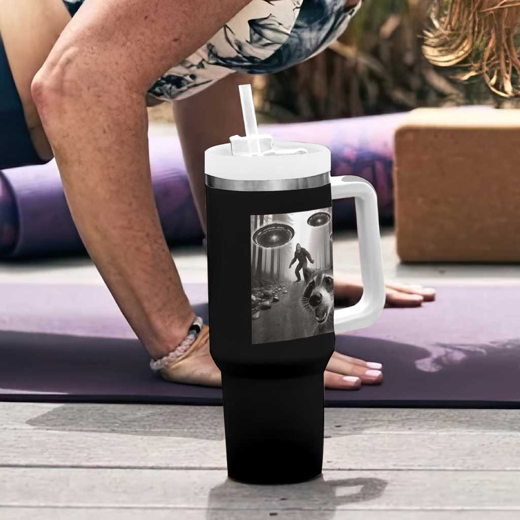 Raccoon Selfie With Bigfoot UFO Tumbler With Handle Funny Feral Lover Gifts - Wonder Print Shop