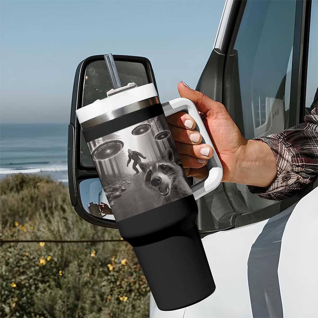 Raccoon Selfie With Bigfoot UFO Tumbler With Handle Funny Feral Lover Gifts - Wonder Print Shop