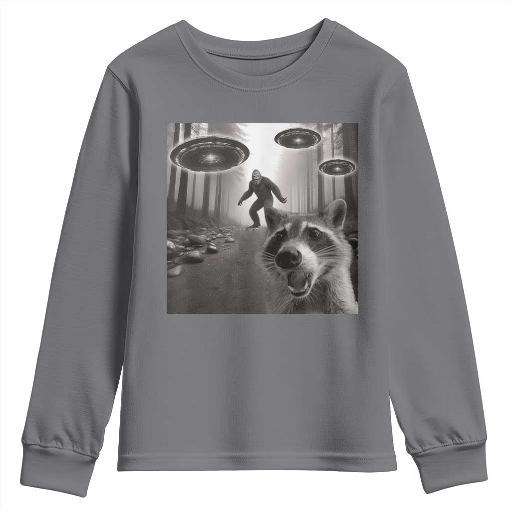 Raccoon Selfie With Bigfoot UFO Youth Sweatshirt Funny Feral Lover Gifts - Wonder Print Shop