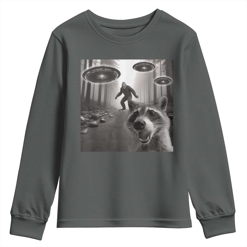 Raccoon Selfie With Bigfoot UFO Youth Sweatshirt Funny Feral Lover Gifts - Wonder Print Shop